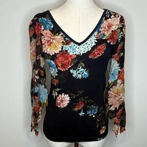 Forbidden Black Floral Mesh Sleeve Top Women Small Boho Y2K Cottagecore